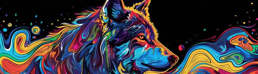 A swirling psychedelic pattern forming the silhouette of a wolf - obrazy, fototapety, plakaty