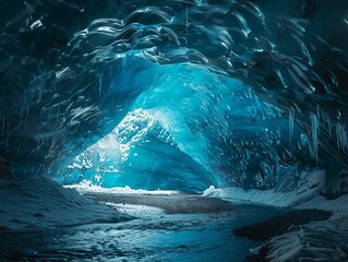 a huge blue ice cave 5 Realistic Landscape, cinematic tones, blu tones