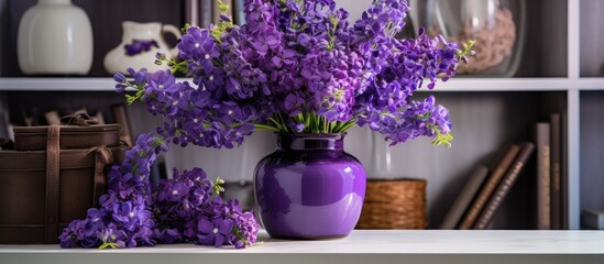 Beautiful violet flowers in a purple flowerpot resting in a vase on a shelf, creating a lovely display of nature inside the house