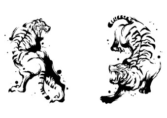対する虎の墨絵