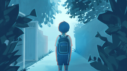 Criança com mochila nas costas cor azul indo para a escola - Ilustração - obrazy, fototapety, plakaty
