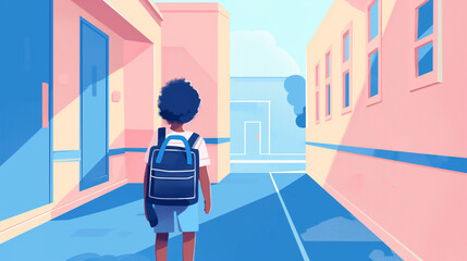 Criança com mochila nas costas indo para a escola - Ilustração