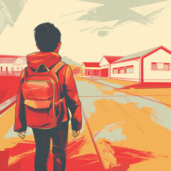 Criança com mochila nas costas cor vermelha indo para a escola - Ilustração