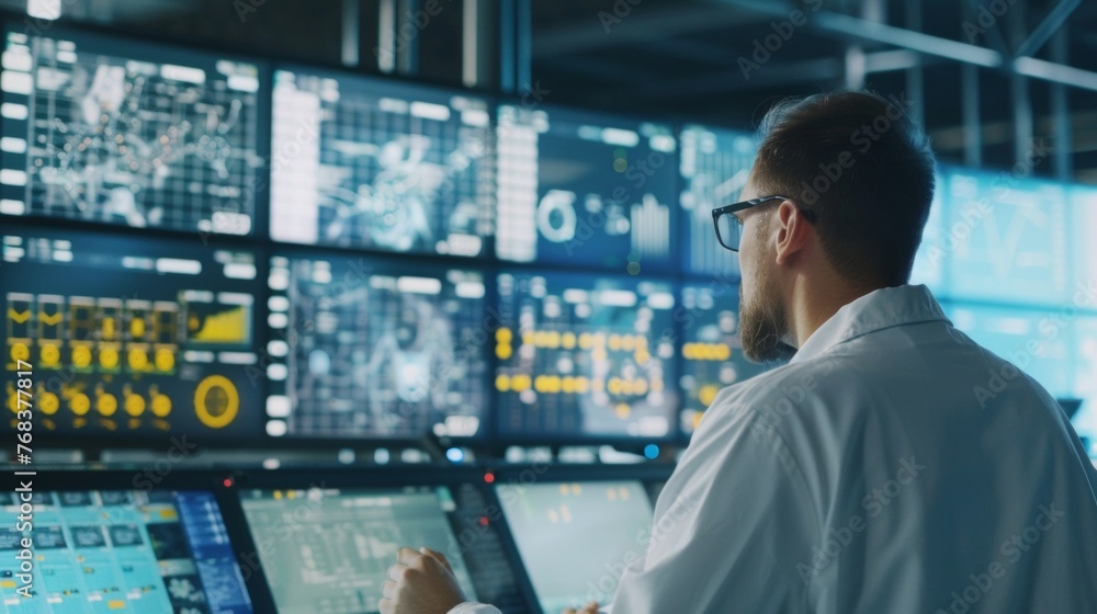 Poster a sleek and modern control room with large screens displaying realtime data and statistics about the