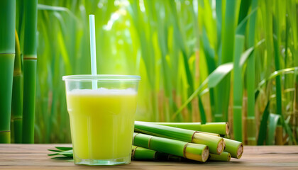 A glass of freshly squeezed sugar cane juice with a sugar cane plantation in the background