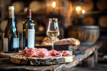 Rustic setting with Parma ham on a wooden board wine glasses and wooden accents. Concept Rustic Setting, Food Styling, Wine Pairing, Wooden Accents, Charcuterie Display - obrazy, fototapety, plakaty