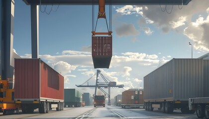 A crane lifts a container onto a truck, illustrating logistics, transportation, and loading operations - obrazy, fototapety, plakaty
