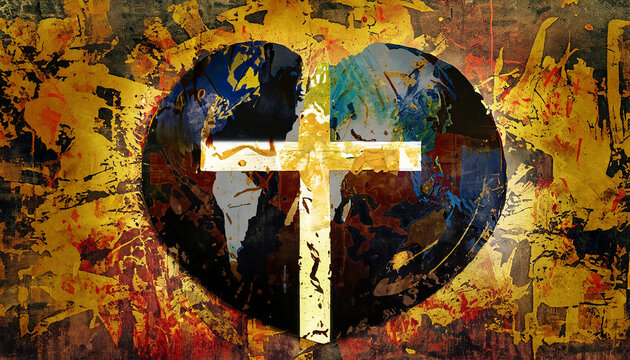 symbols of a Christian cross and a heart shape with a world map or globe in a messy mixed media style