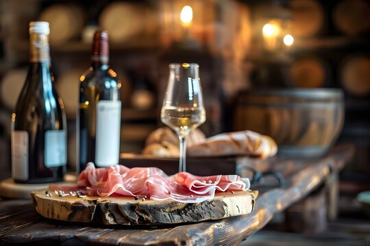 Rustic setting with Parma ham on a wooden board wine glasses and wooden accents. Concept Rustic Setting, Food Styling, Wine Pairing, Wooden Accents, Charcuterie Display