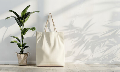 A blank canvas tote bag against a white wall kitchen background
