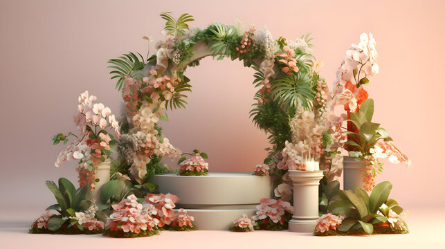 Flowers surround the main image of e-commerce product display platform booth base horizontal web page background
