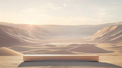Tranquil sunrise over smooth desert dunes with a reflective plinth.