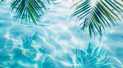 Fototapeta na wymiar Tropical palm leaves reflecting over serene blue pool water, creating a tranquil and refreshing scene.