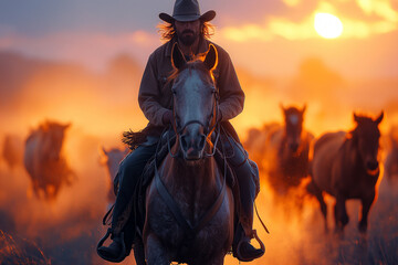 An image capturing the essence of the Wild West, featuring a cowboy on horseback herding a group of horses at sunset, with dust swirling in the warm, glowing light.