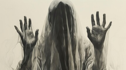 A pair of hands reaches upwards yearning to pull aside the veil and see what lies hidden from mortal eyes. - obrazy, fototapety, plakaty