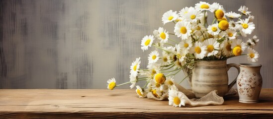 A bouquet of daisies arranged in a vase, sitting on a wooden table, showcasing the beauty of nature with its delicate petals and green twigs