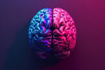 a brain whose two halves are blue and pink, in the style of realistic lighting, light red and violet - obrazy, fototapety, plakaty