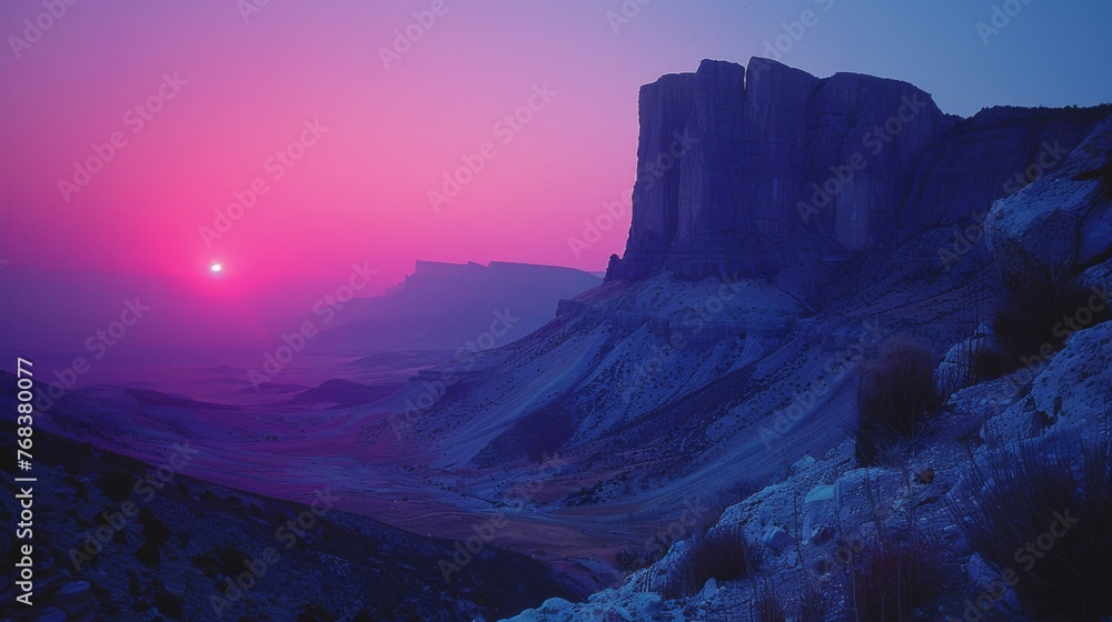 Poster a photo of a mountain range at sunrise with the colors of the sky gradually transitioning from deep 