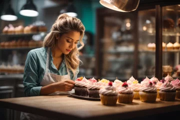 Tuinposter female baker decorating delicious cupcakes in bakery © free
