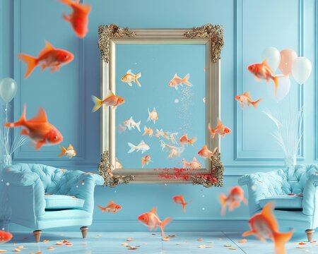 photography of Vintage frame standing in the middle of blue living room with abstract gold fishes swimming, color powder exlodes through the frame, chaos balloons flying above