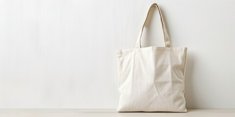 A blank canvas tote bag against a white wall kitchen background