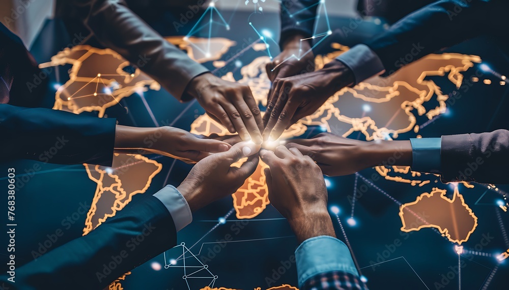 Poster business leaders globally unite on a map, linked by blockchain nodes, showcasing tech-human empathy 