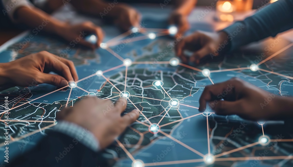 Poster Business leaders globally unite on a map, linked by blockchain nodes, showcasing tech-human empathy in partnerships.