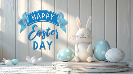 Happy Easter Day background with cute rabbit doll, polka dot light blue eggs on wooden podium against white wall with shadow from window. - obrazy, fototapety, plakaty