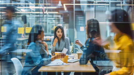Dynamic Office Discussion and Strategic Teamwork in a Contemporary Co-working Space with Casual Business Meetings and Creative Indoor Atmosphere