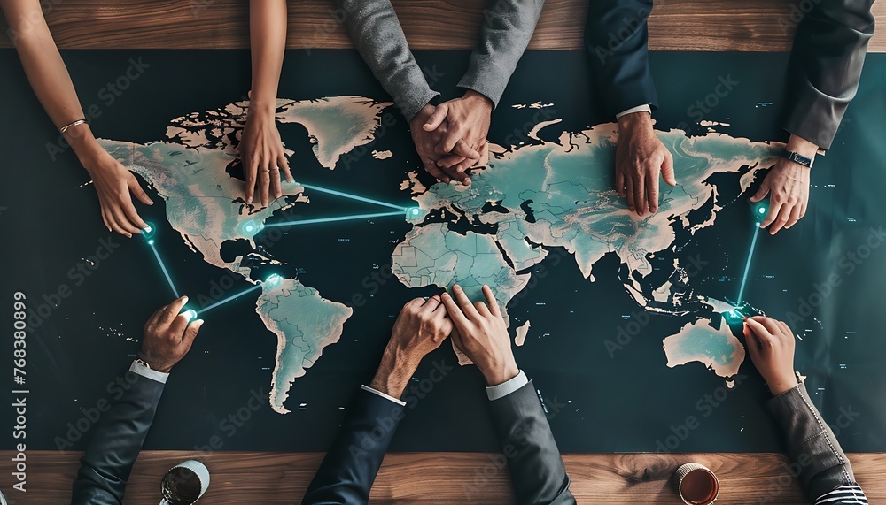 Fototapete Business leaders globally unite on a map, linked by blockchain nodes, showcasing tech-human empathy in partnerships.