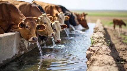 A group of cows gathered around a watering trough happily drinking from the fresh water provided by a solarpowered system. . AI generation. - obrazy, fototapety, plakaty