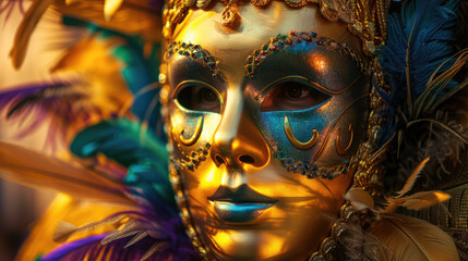 Carnival mask in Venice for a masquerade party background. Italian Costume Theatre. Gold feather mardi gras Holiday Celebration 