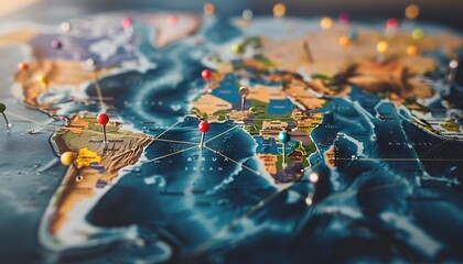 World map with pins and connecting lines illustrates global business expansion