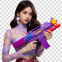 Girl holding a water gun and happy playing. On Songkran Festival Day, isolated white studio background