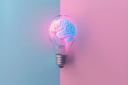 A lightbulb with a glowing brain inside,with confeti  minimal pastel gradient background