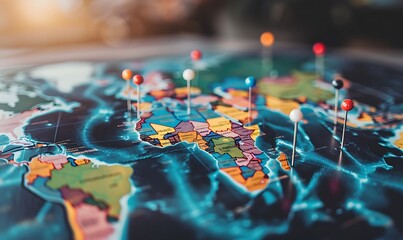 World map with pins and connecting lines illustrates global business expansion