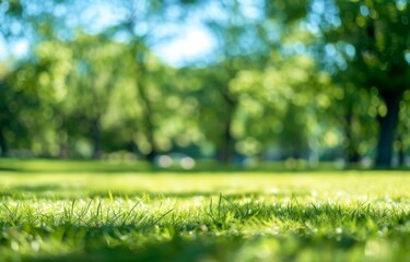 Beautiful blurred background of spring nature with green grass and trees on the lawn in park or garden under blue sky