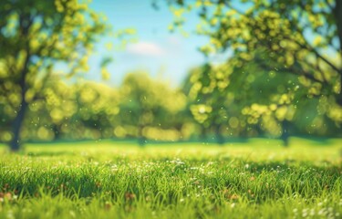 Fototapeta na wymiar Beautiful blurred background of spring nature with green grass and trees on the lawn in park or garden under blue sky