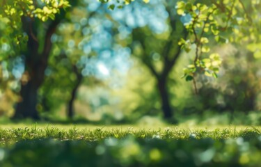 Fototapeta premium Beautiful blurred background of spring nature with green grass and trees on the lawn in park or garden under blue sky