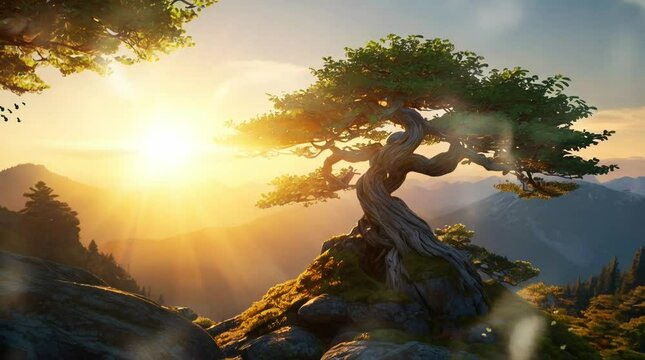 Sunrise over rocky mountains with old trees. 4K seamless looping virtual video animation background