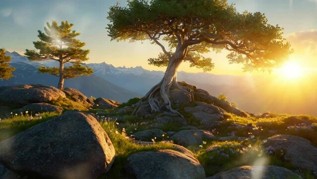 Sunrise over rocky mountains with old trees. 4K seamless looping virtual video animation background
