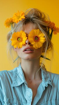 woman with marigolds flowers over her eyes, beehive hair with gap tooth, yellow background