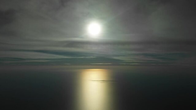 Dramatic winter sky with a white and yellow sun veiled by some frayed clouds. Pilot POV flying over the Mediterranean Sea. Hyperlapse 4K 60 Fps.