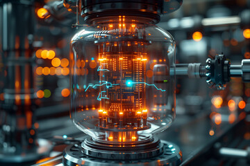 An illustration of quantum technology, showcasing instruments and applications in computing, cryptography, and communication with quantum physics elements.