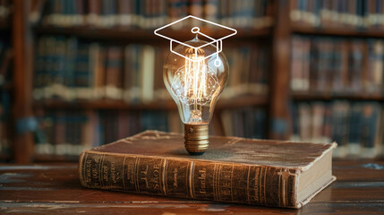 Open book with light bulb with graduation hat, learning and study online class technology network,...