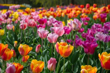 Fototapeta premium Colorful tulips in sunlight with blurred background, vibrant spring flowers