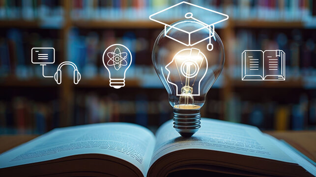 Open book with light bulb with graduation hat, learning and study online class technology network, e-learning, online education and education, training on table