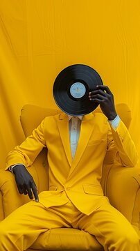 A conceptual photography of a person dressed in a yellow suit sitting on a yellow chair against a yellow background 