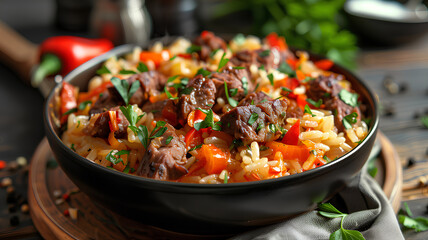 Beef Stir-Fry with Vegetables and Noodles
. Savory beef stir-fry with colorful bell peppers, noodles, and fresh herbs presented in a black bowl.
 - obrazy, fototapety, plakaty