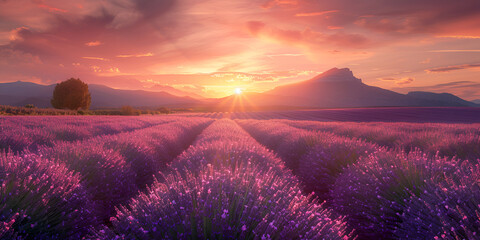 Sunrise over fields of lavender in the Provence France. generative ai 
